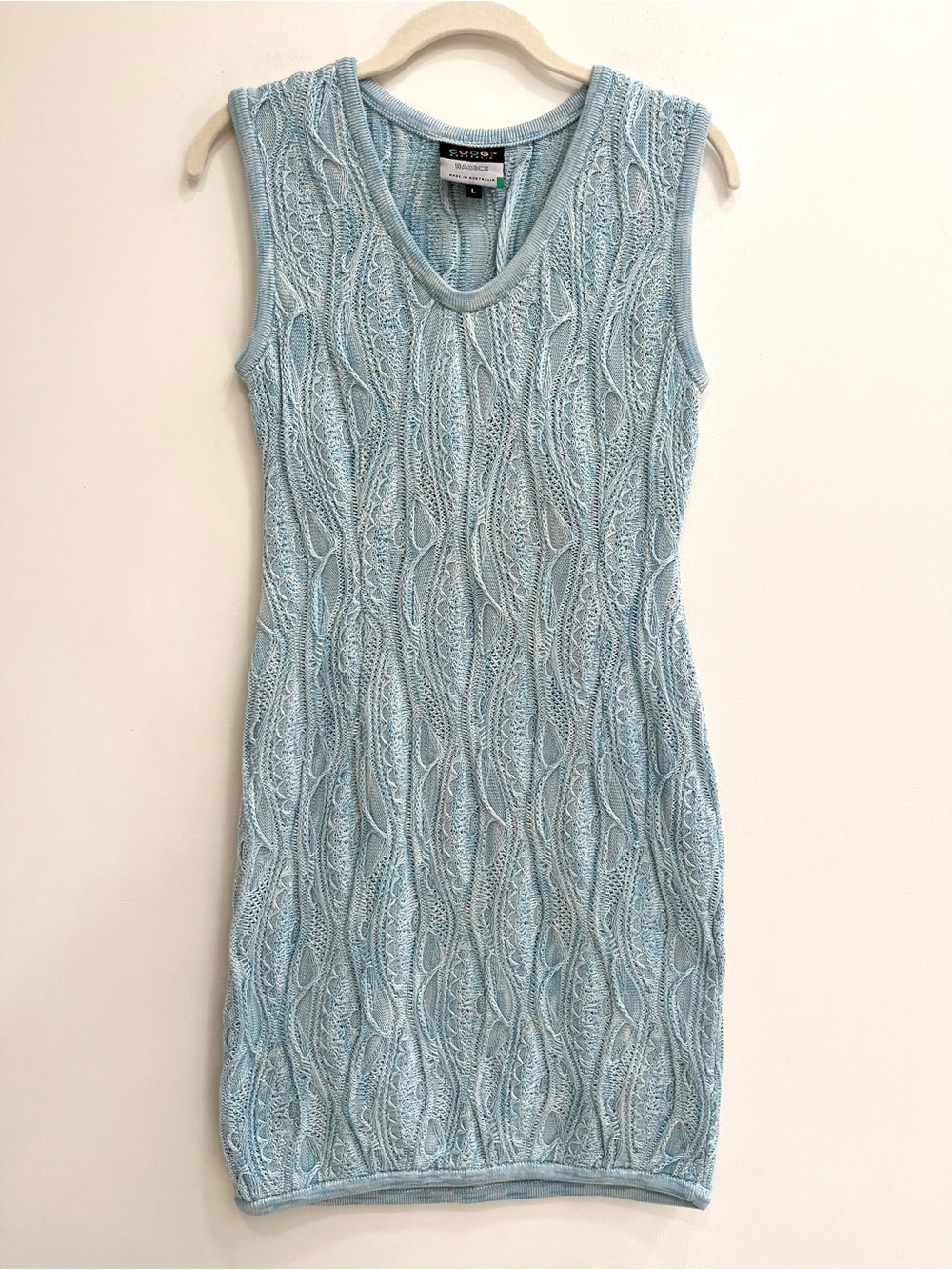 Coogi Basics Mercerized Cotton Sleeveless Sweater Dress Wavy 3-D Knit Baby Blue